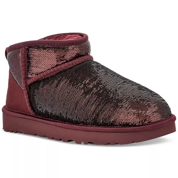 UGG Women's Classic Burgundy Sequin Ultra Mini Mirror Ball Booties. Sz 7 - Picture 1 of 9